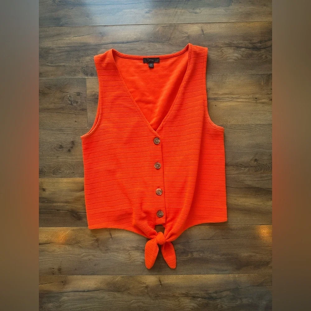 J.Crew Orange Tie Front Tank Top S Textured Knit Button V Neck